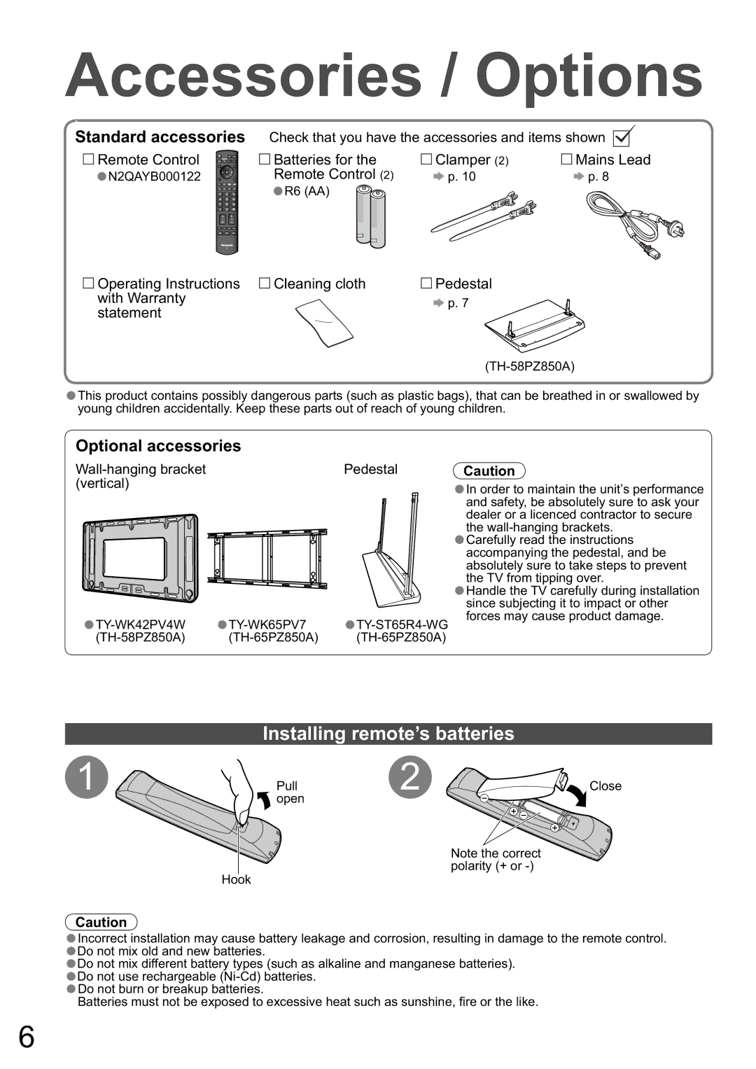 Panasonic TH-65PZ850A Accessories / Options, Installing remote’s batteries, Wall-hanging bracket vertical, N2QAYB000122 