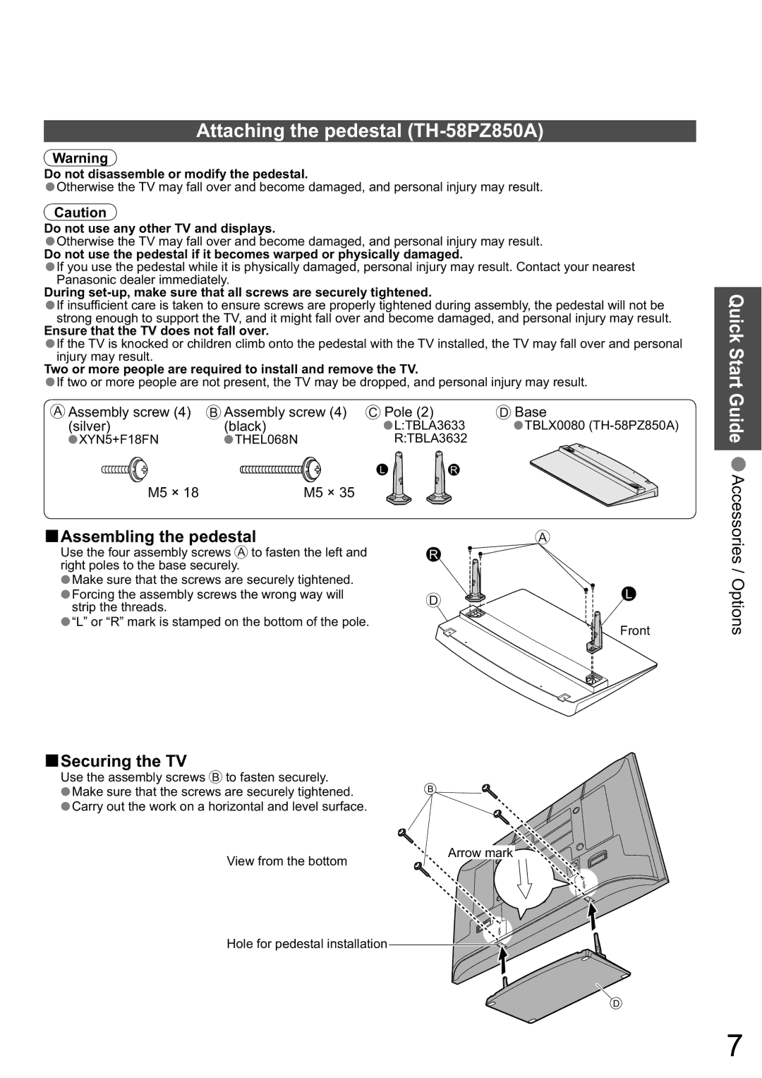 Panasonic TH-65PZ850A Attaching the pedestal TH-58PZ850A, Quick Start, Assembly screw Pole Silver Black, M5 ×, Base 