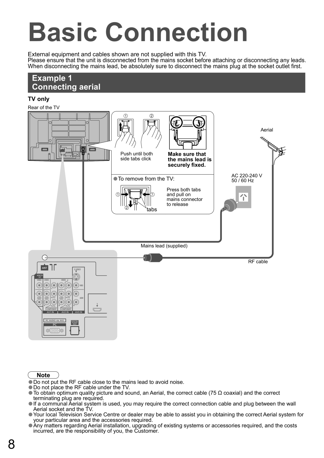 Panasonic TH-65PZ850A, TH-58PZ850A manual Basic Connection, Example Connecting aerial, TV only 