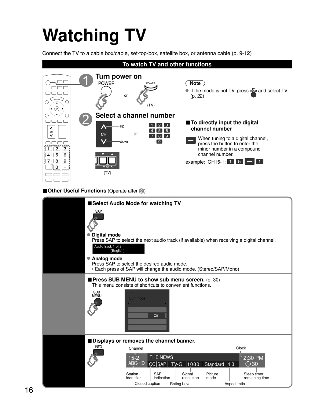 Panasonic TH 65PZ850U Watching TV, Turn power on, Listen with SAP Secondary Audio Program Display, Information Recall 