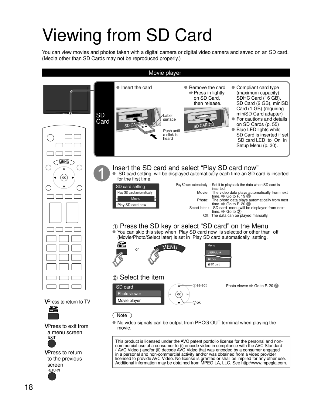 Panasonic TH 65PZ850U quick start Viewing from SD Card, Insert the SD card and select Play SD card now, Select the item 