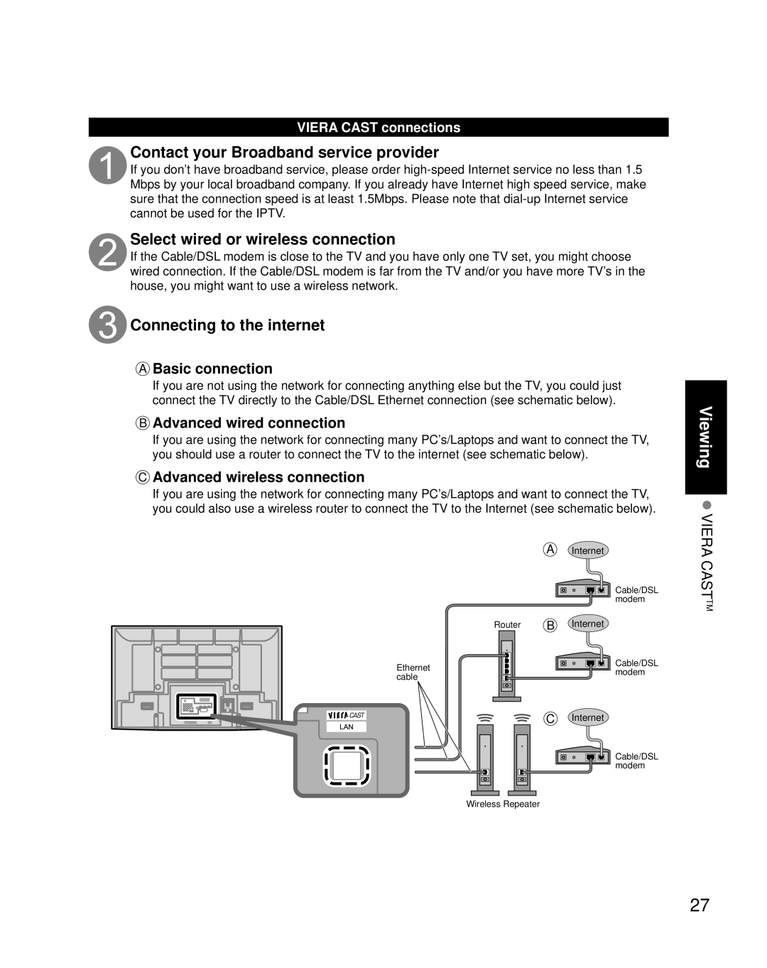 Panasonic TH 65PZ850U Contact your Broadband service provider, Select wired or wireless connection, Viera Cast connections 