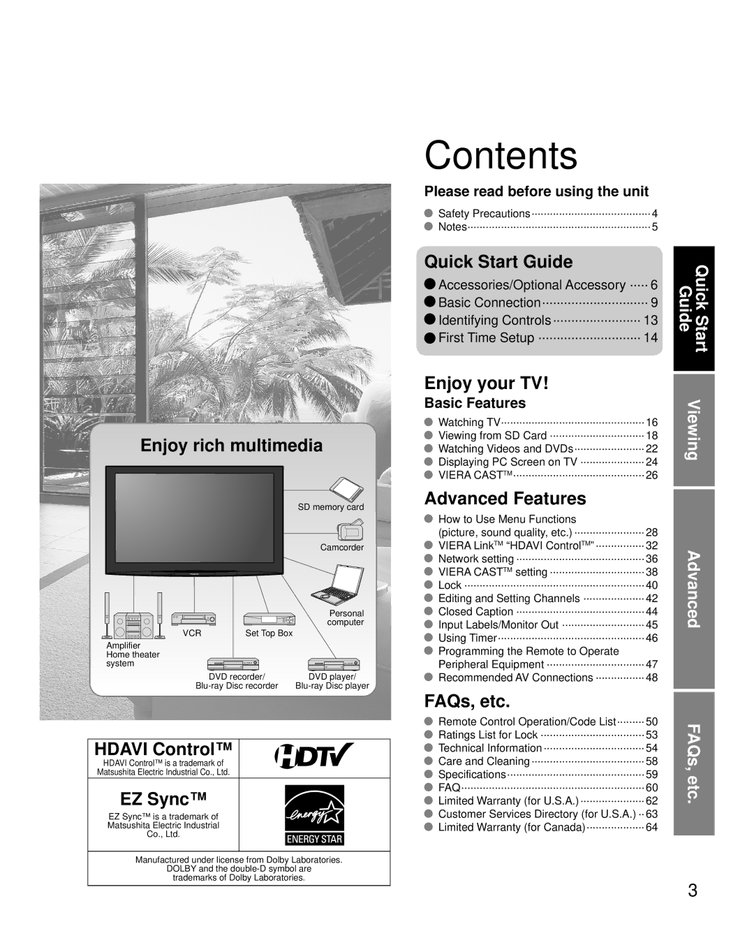 Panasonic TH 65PZ850U quick start Contents 