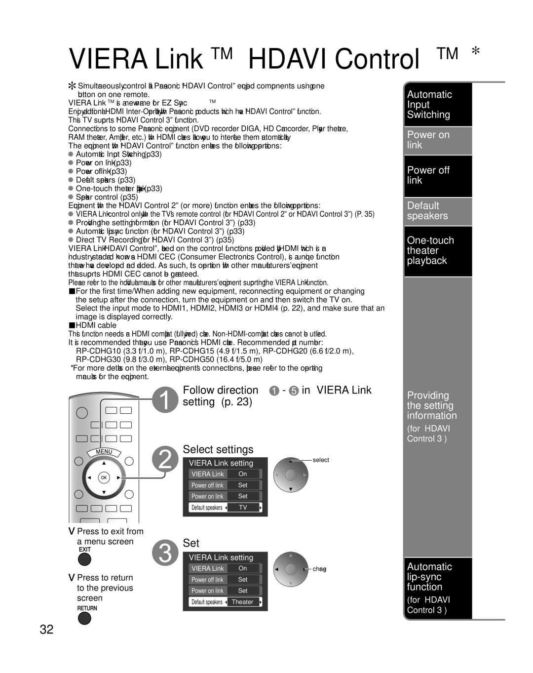 Panasonic TH 65PZ850U quick start Viera LinkTM Hdavi ControlTM, Set 