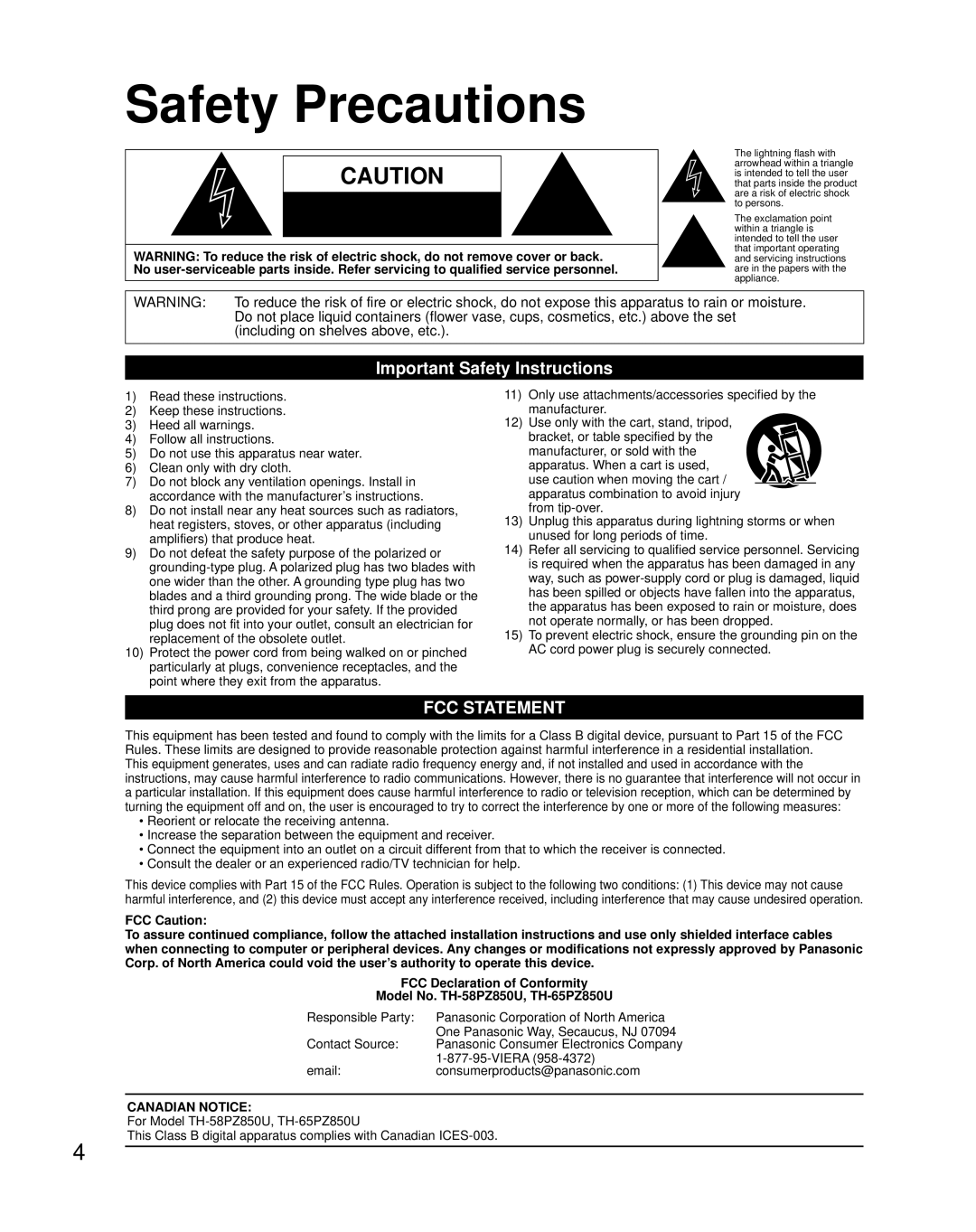 Panasonic TH 65PZ850U quick start Safety Precautions, Important Safety Instructions 