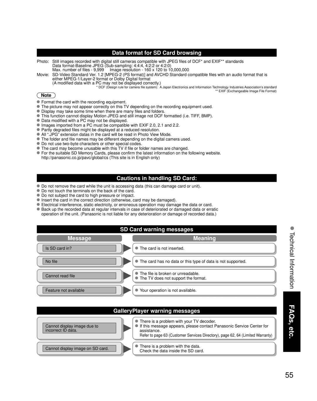 Panasonic TH 65PZ850U quick start Data format for SD Card browsing, Message, SD Card warning messages Meaning 