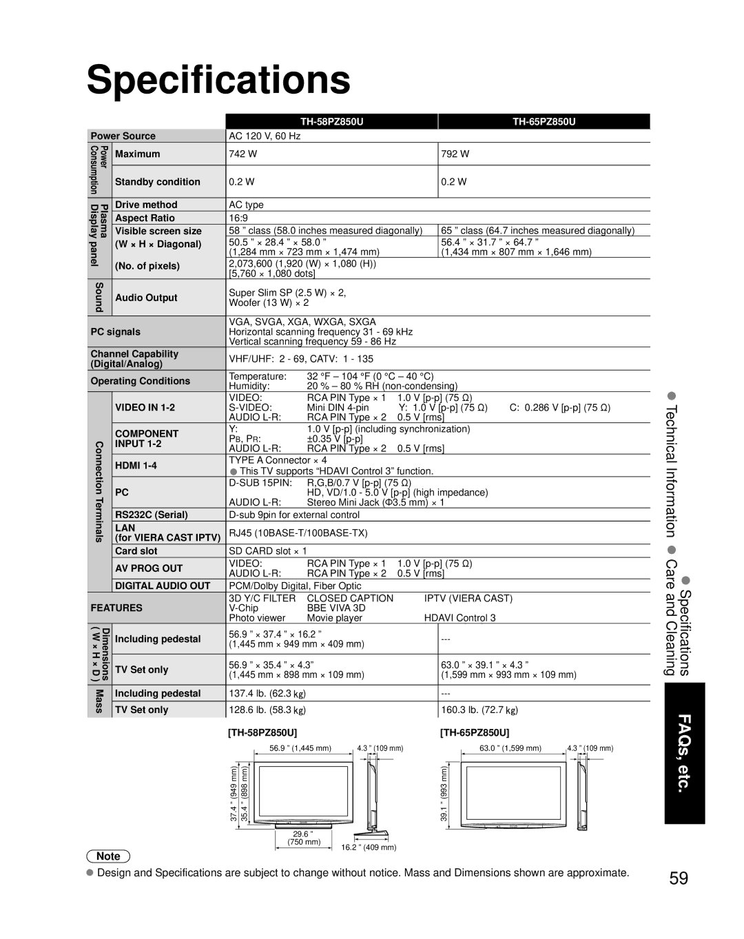 Panasonic TH 65PZ850U quick start Specifications, TH-58PZ850U TH-65PZ850U 