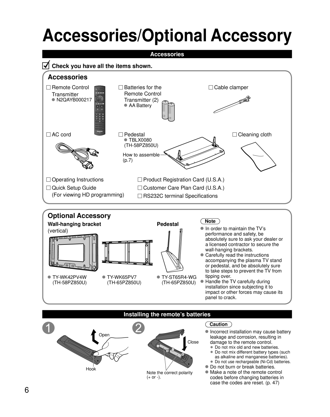 Panasonic TH 65PZ850U quick start Accessories/Optional Accessory, Installing the remote’s batteries 