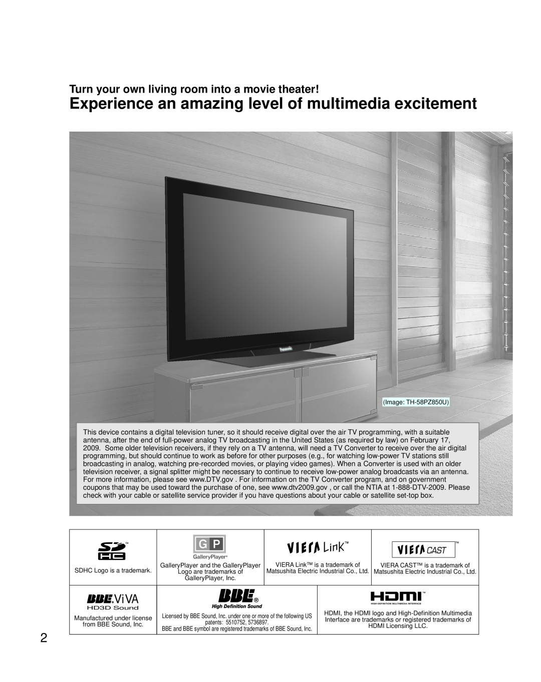 Panasonic TH 65PZ850U quick start Experience an amazing level of multimedia excitement, ViVA 