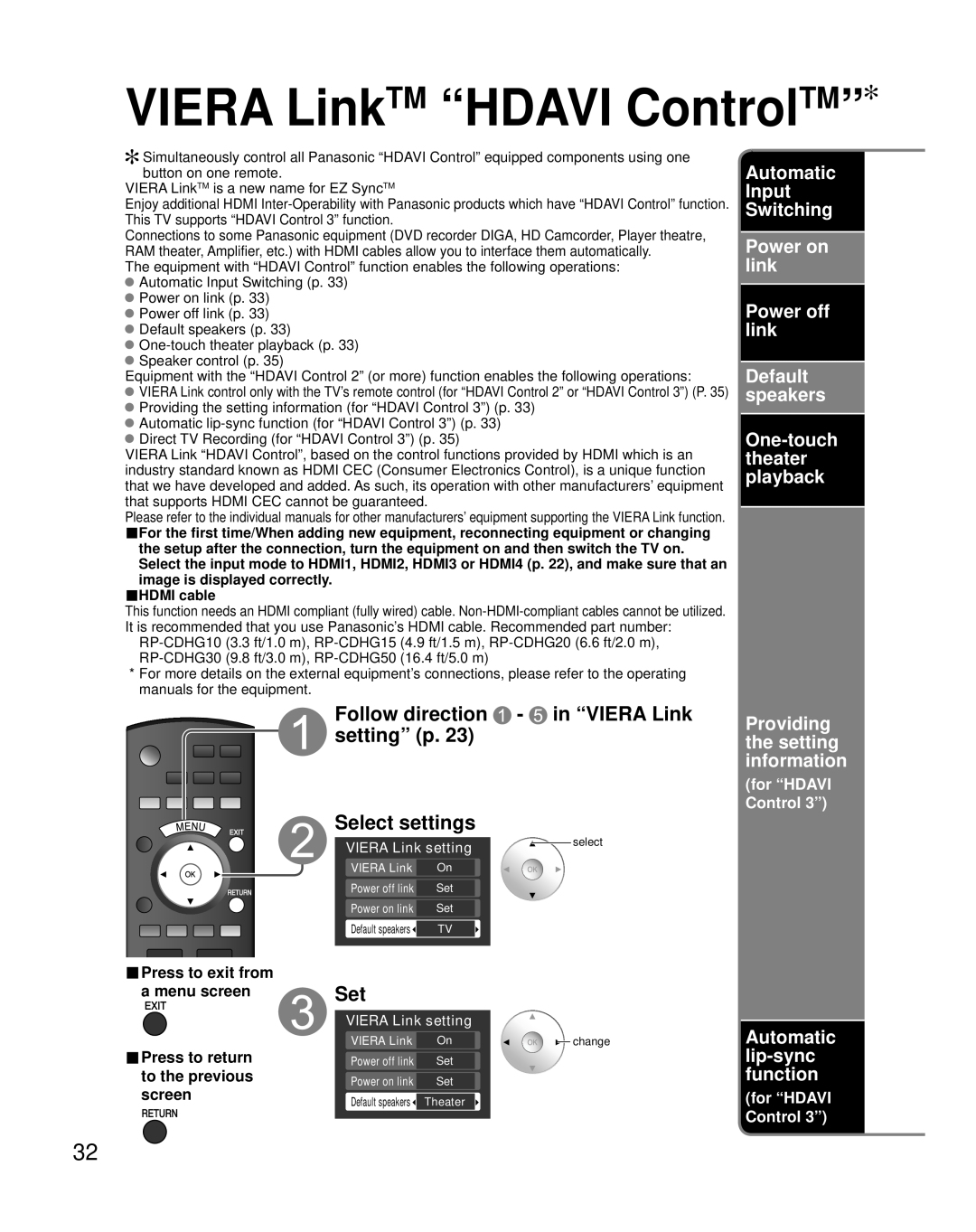 Panasonic TH 65PZ850U VIERA LinkTM “HDAVI ControlTM”, Follow direction, in “VIERA Link, setting” p, Select settings 