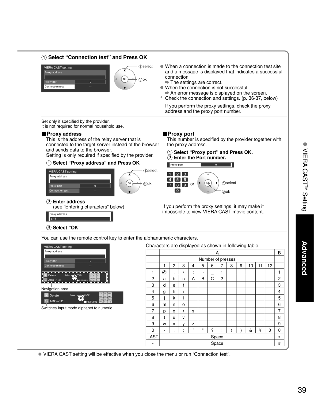 Panasonic TH 65PZ850U Viera Casttm, Setting, Select “Connection test” and Press OK, Proxy port, Proxy address, Select “OK” 