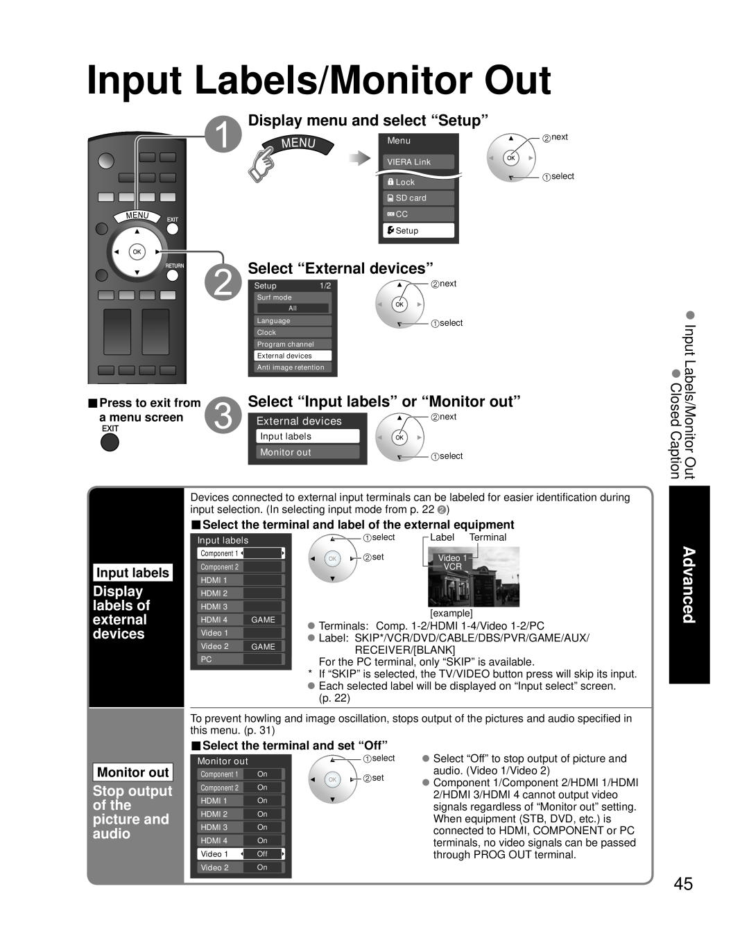 Panasonic TH 65PZ850U Input Labels/Monitor Out, Display menu and select “Setup”, Select “External devices”, Input labels 