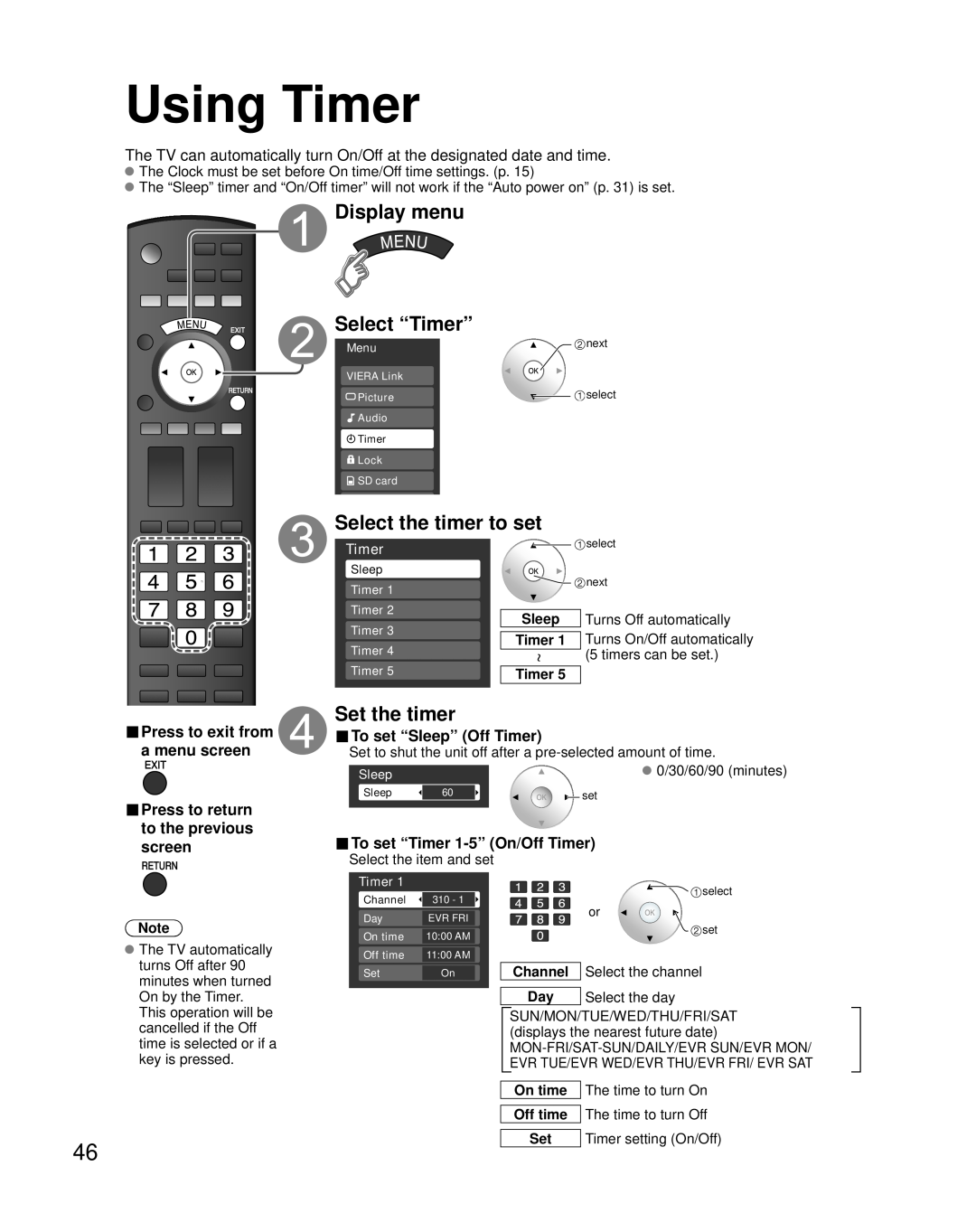 Panasonic TH 65PZ850U Using Timer, Display menu Select “Timer”, Select the timer to set, Set the timer, 0/30/60/90 minutes 