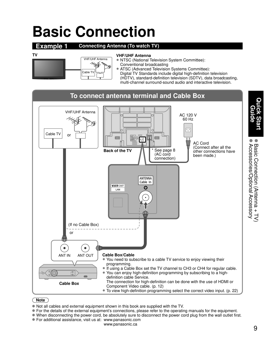 Panasonic TH 65PZ850U quick start Basic Connection, Example, To connect antenna terminal and Cable Box, Quick Start Guide 