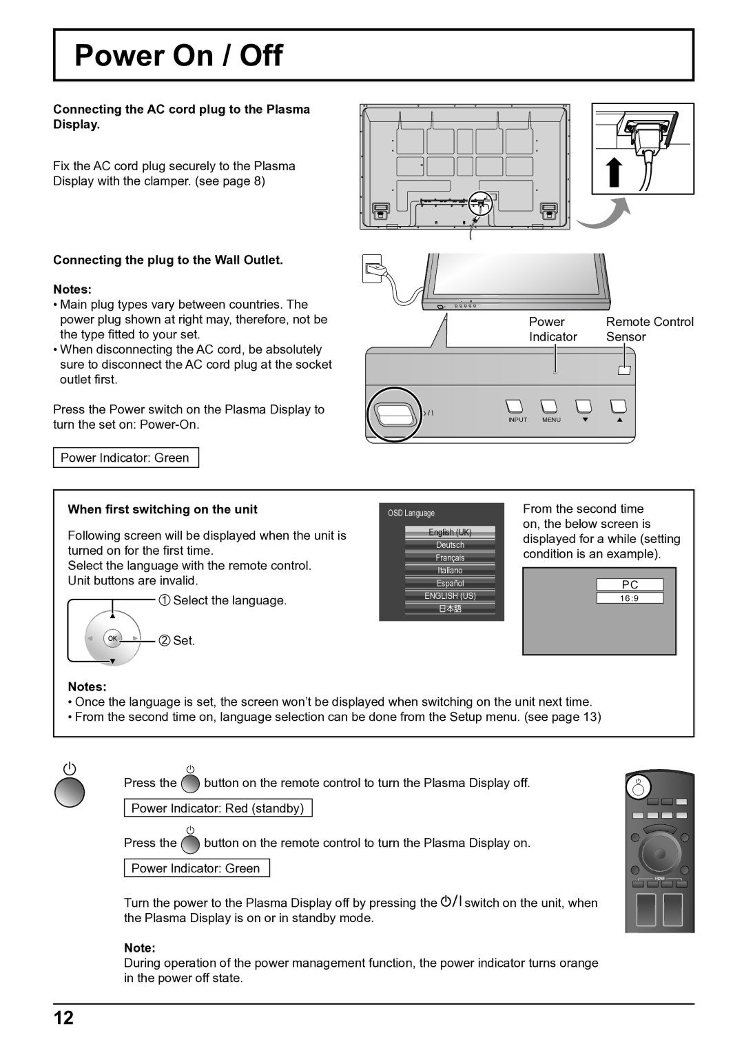 Panasonic TH-65VX100E Power On / Off, Connecting the AC cord plug to the Plasma Display, When first switching on the unit 