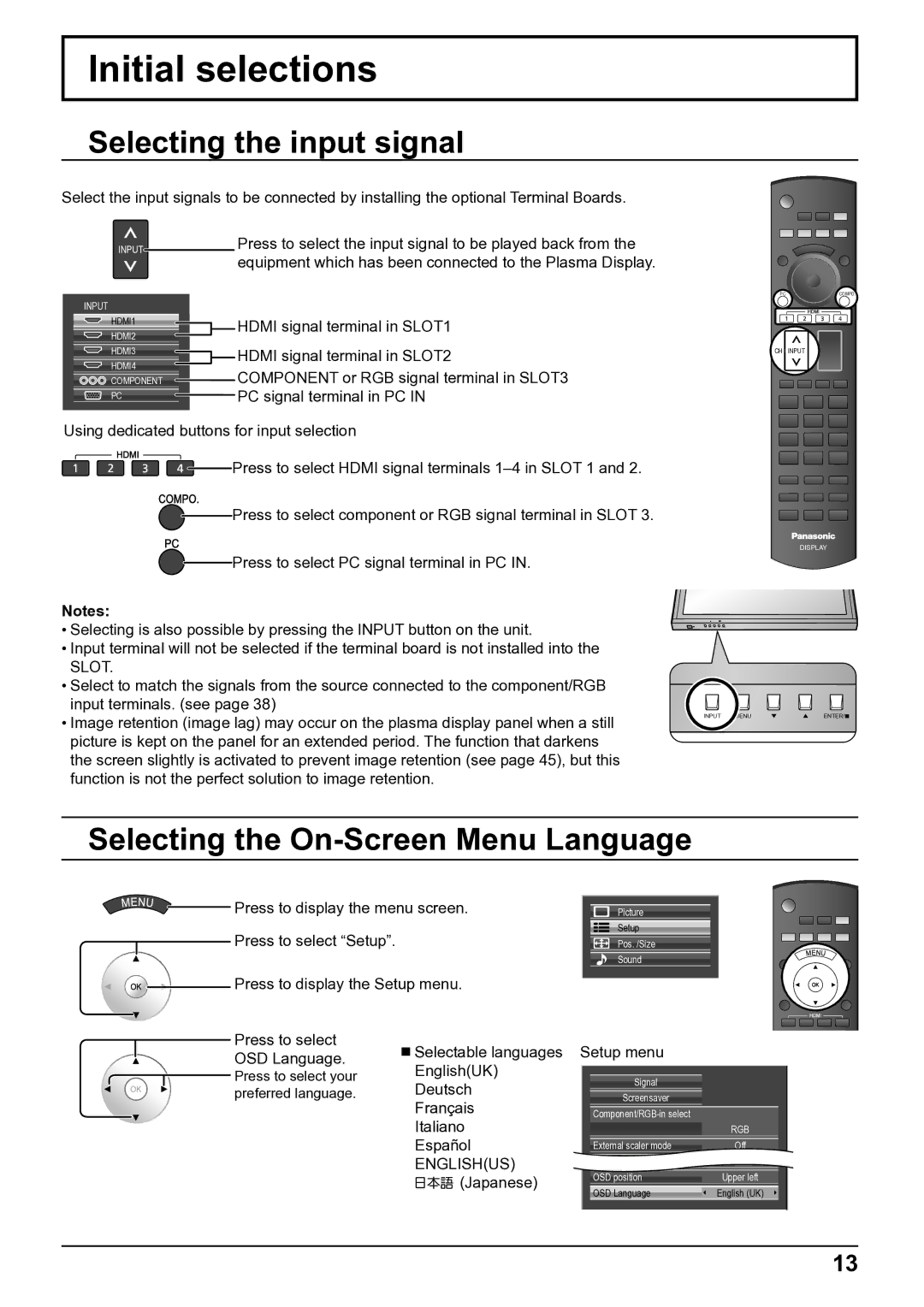 Panasonic TH-50VX100E, TH-65VX100E Initial selections, Selecting the input signal, Selecting the On-Screen Menu Language 