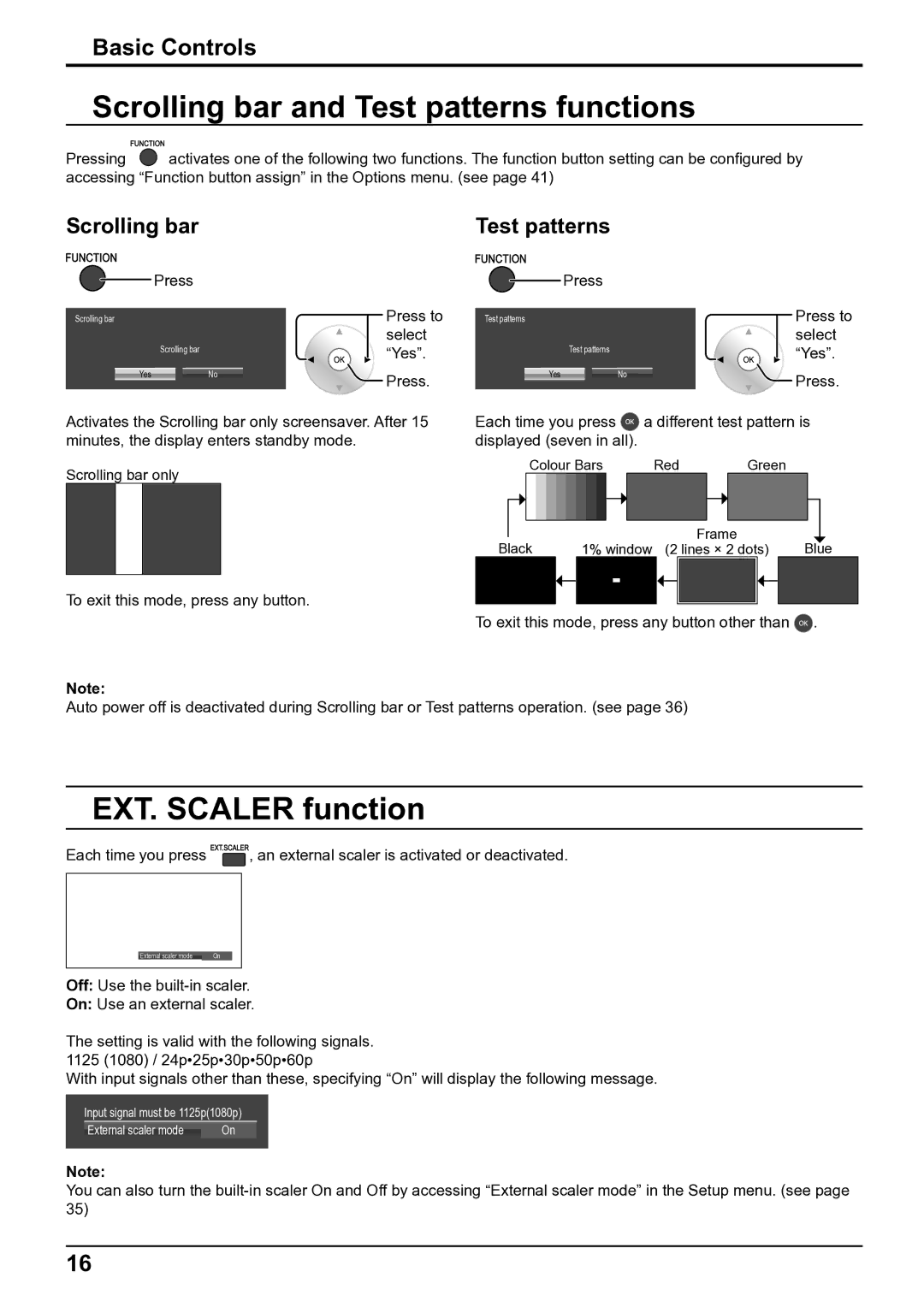 Panasonic TH-65VX100E, TH-50VX100E operating instructions Scrolling bar and Test patterns functions, EXT. Scaler function 