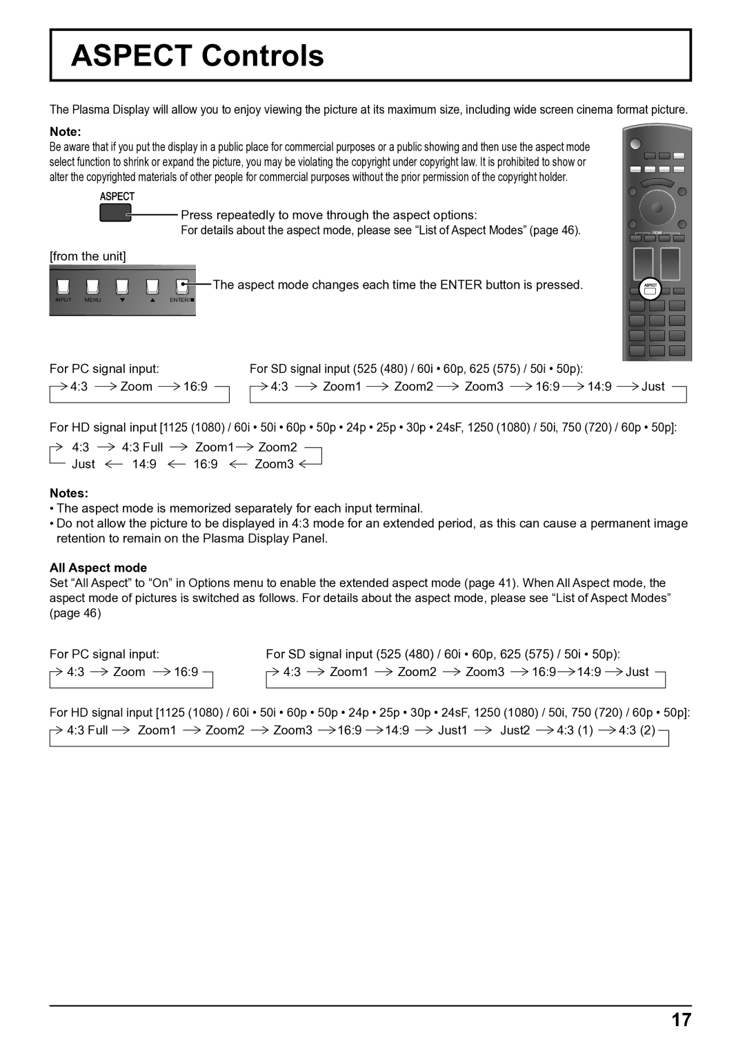 Panasonic TH-50VX100E, TH-65VX100E operating instructions Aspect Controls, All Aspect mode 