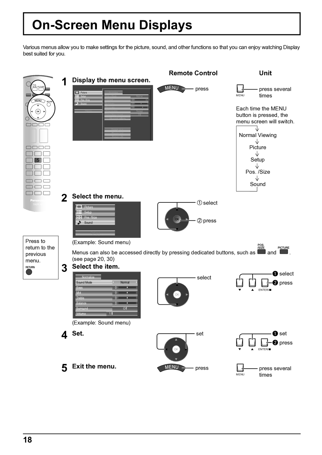 Panasonic TH-65VX100E, TH-50VX100E operating instructions On-Screen Menu Displays, Set, Exit the menu 