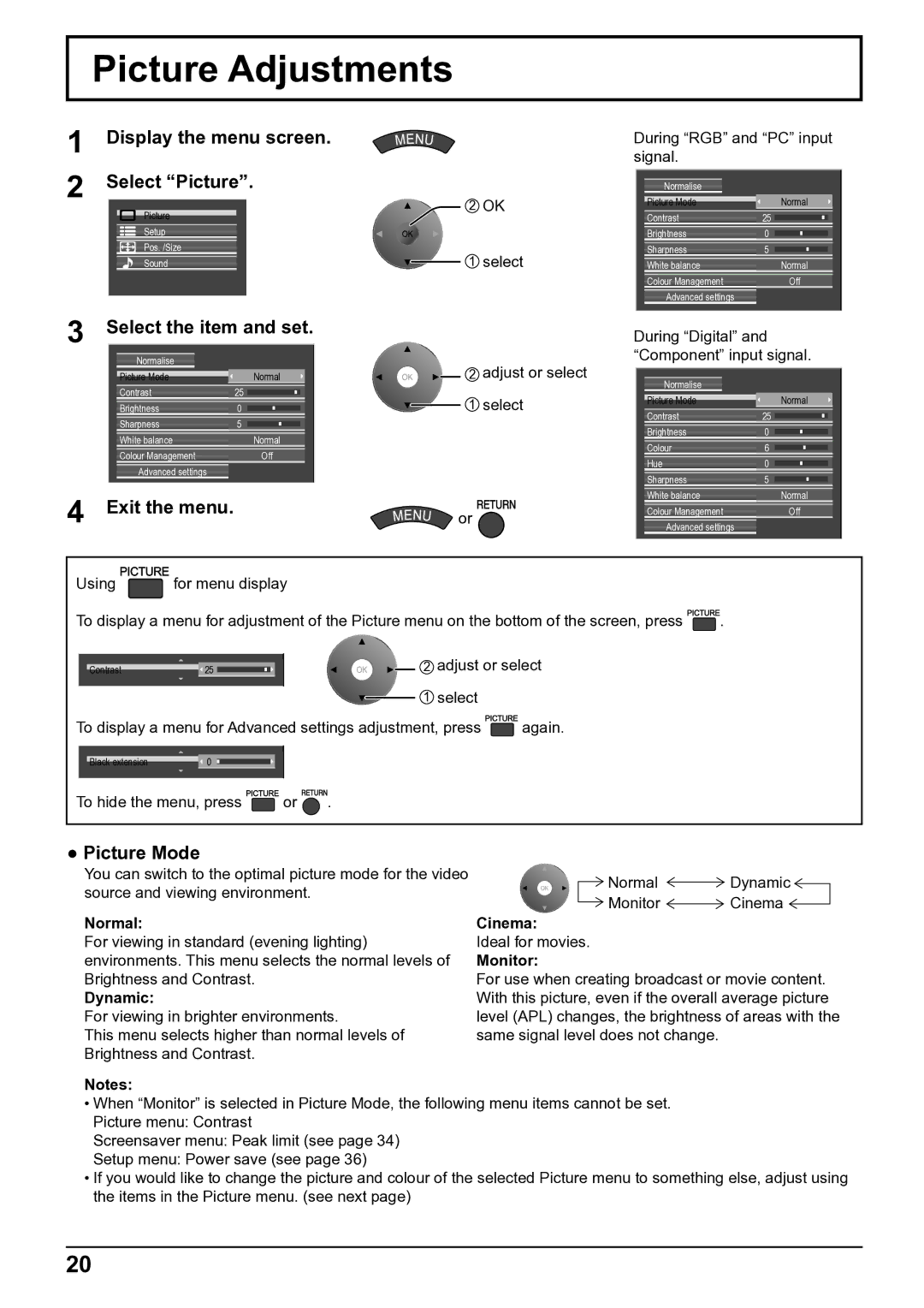 Panasonic TH-65VX100E Picture Adjustments, Display the menu screen, Select Picture, Select the item and set, Picture Mode 