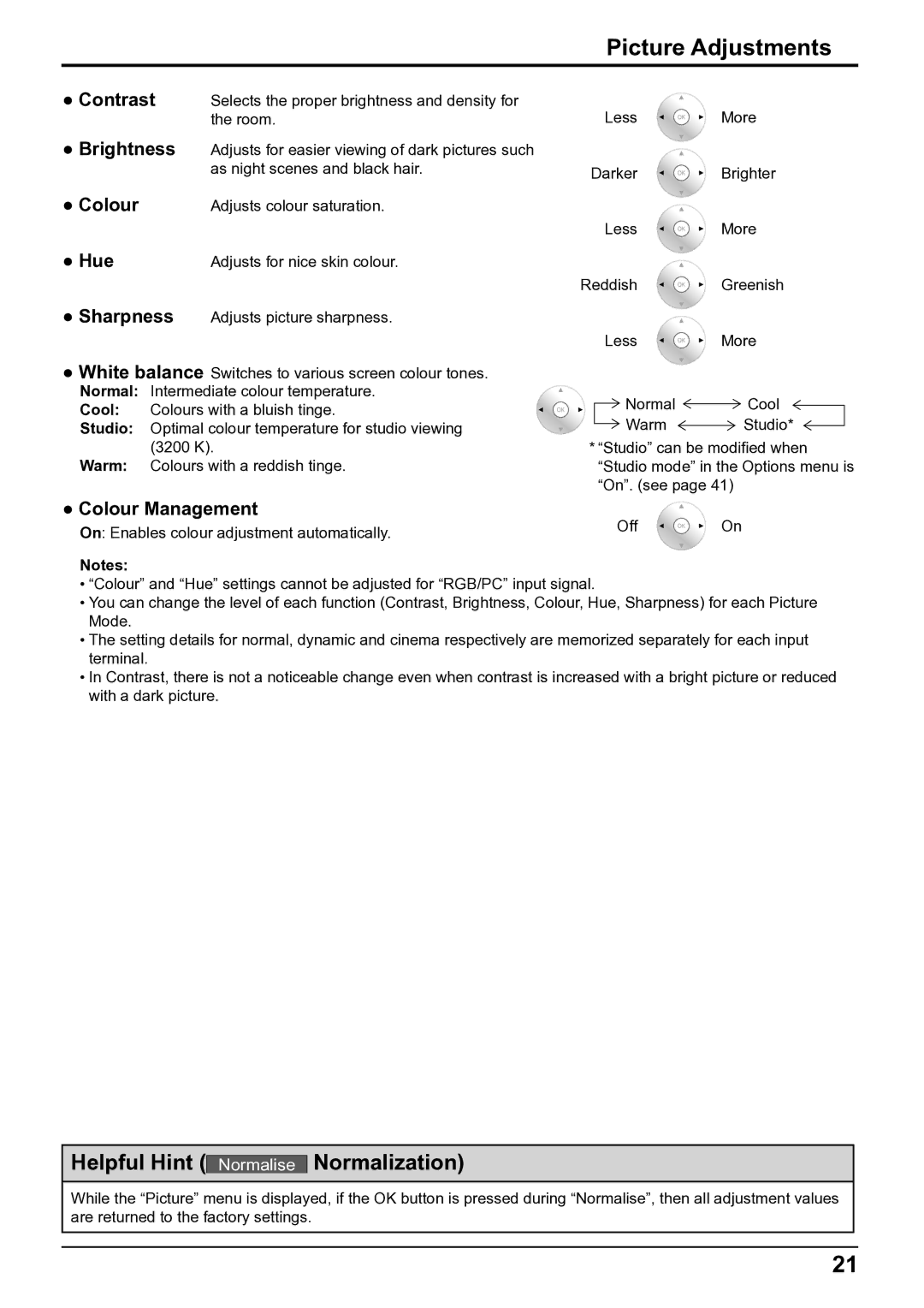 Panasonic TH-50VX100E, TH-65VX100E operating instructions Picture Adjustments, Colour Management 