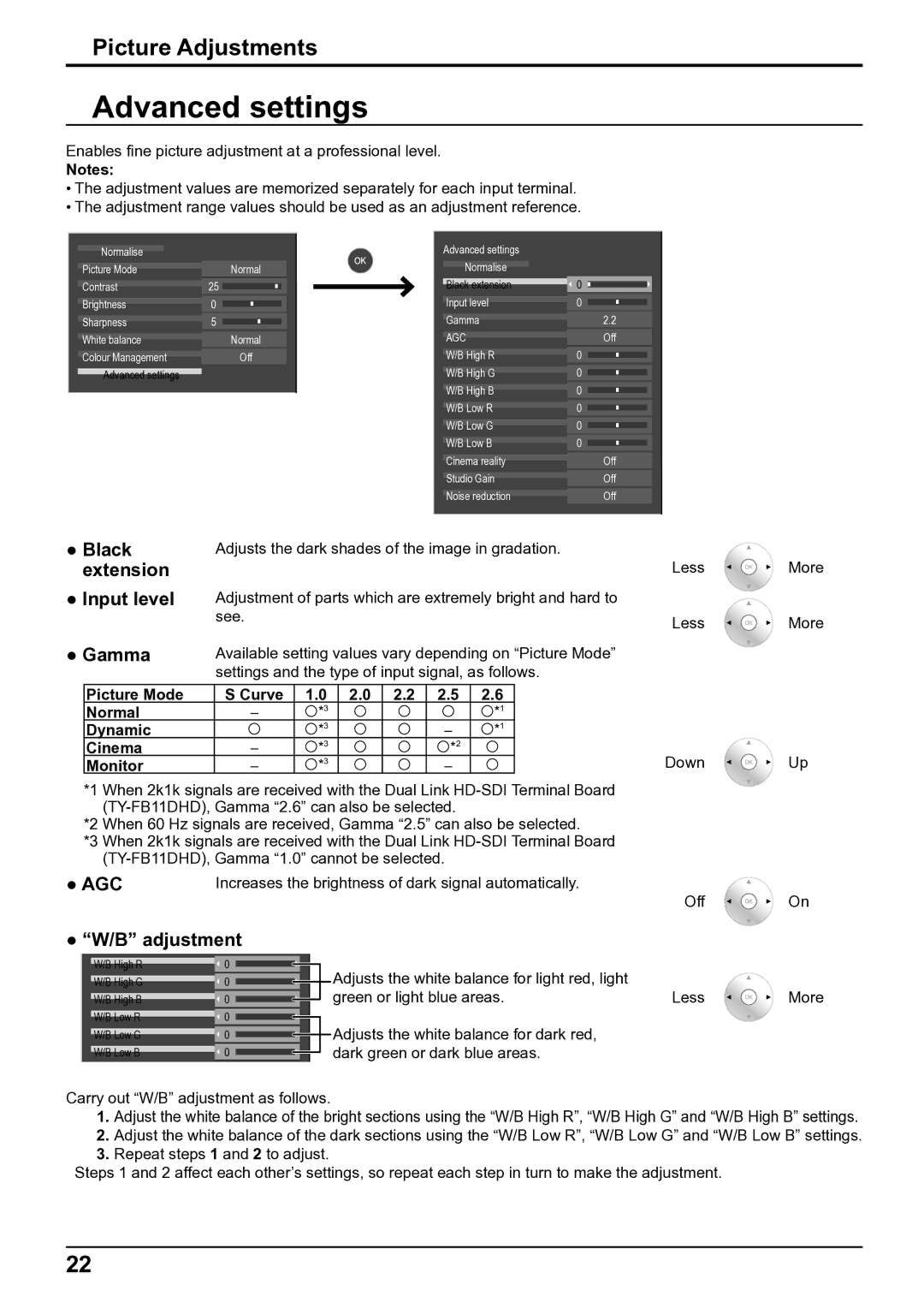 Panasonic TH-65VX100E, TH-50VX100E operating instructions Advanced settings, Black, Extension Input level, Gamma, Adjustment 