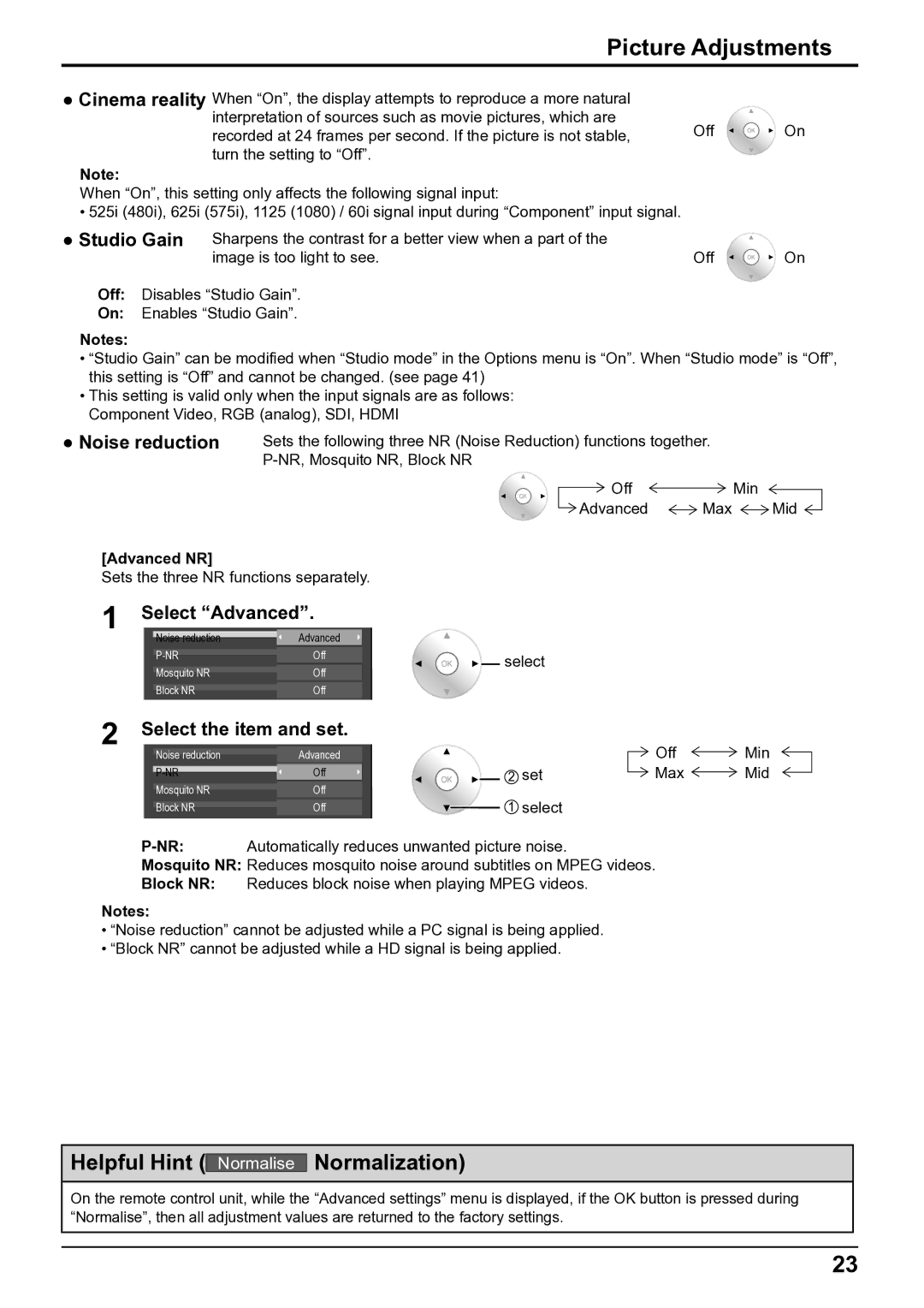 Panasonic TH-50VX100E, TH-65VX100E operating instructions Studio Gain, Noise reduction, Select Advanced, Off, Advanced NR 