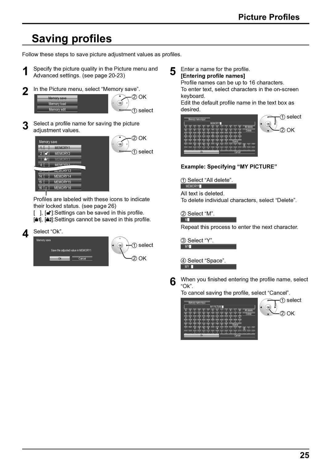 Panasonic TH-50VX100E, TH-65VX100E operating instructions Saving profiles, Picture Profiles, Example Specifying MY Picture 