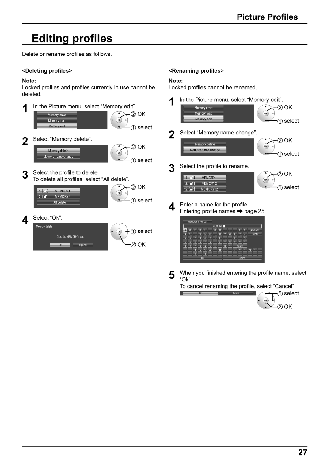 Panasonic TH-50VX100E, TH-65VX100E operating instructions Editing profiles, Deleting profiles Note, Renaming profiles Note 