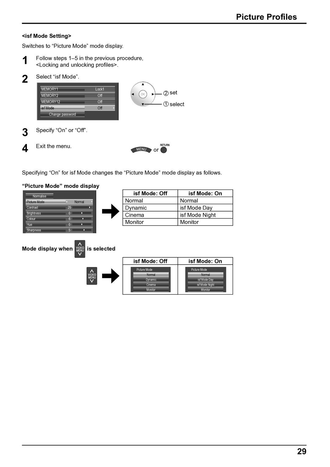 Panasonic TH-50VX100E Isf Mode Setting, Picture Mode mode display, Isf Mode Off Isf Mode On, Mode display when is selected 