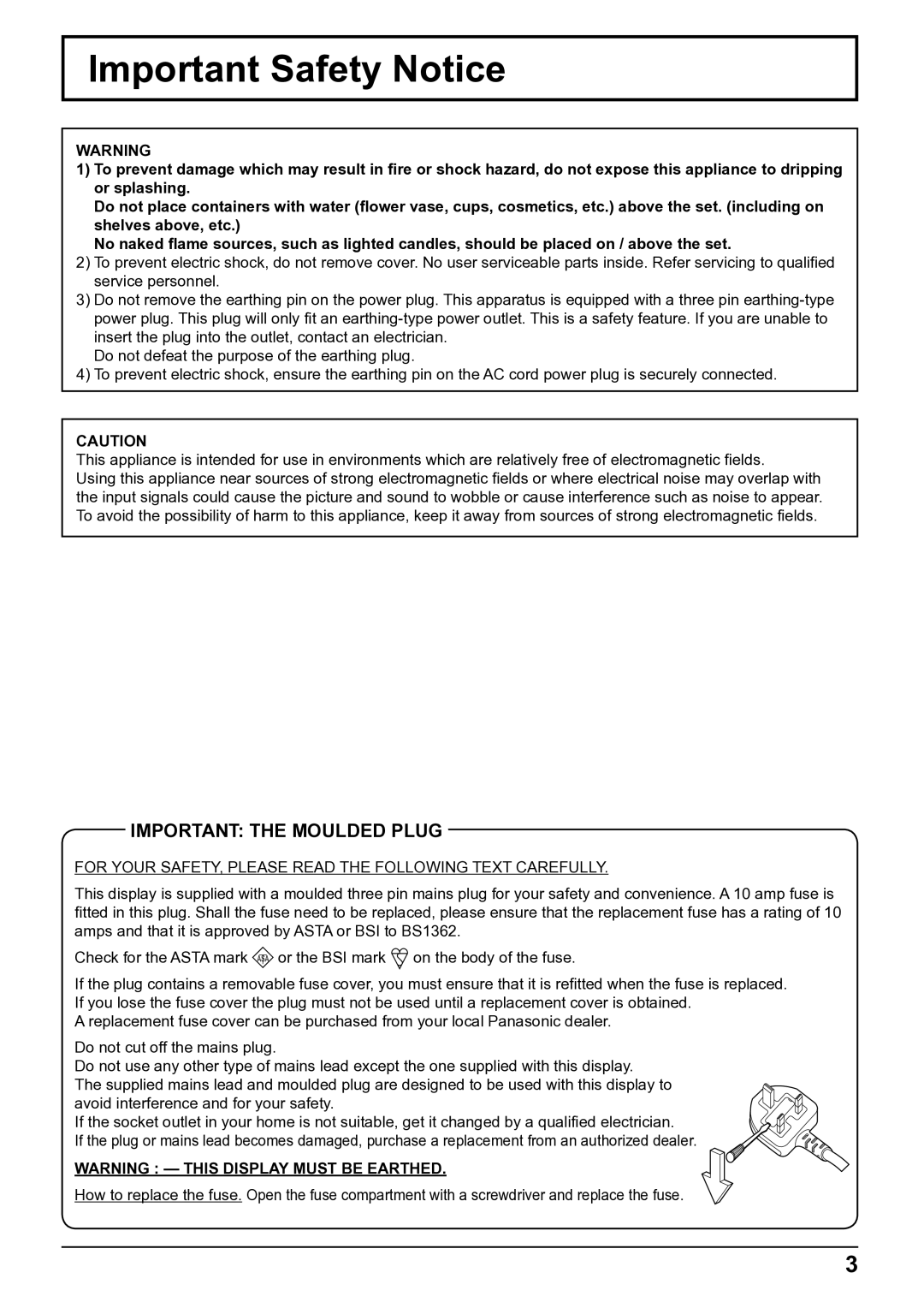 Panasonic TH-50VX100E, TH-65VX100E operating instructions Important Safety Notice, Important the Moulded Plug 