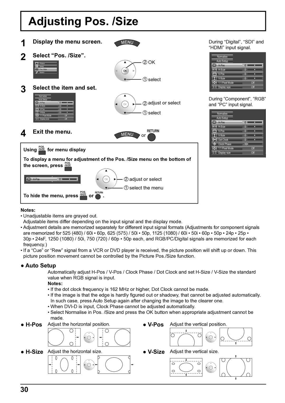 Panasonic TH-65VX100E, TH-50VX100E Adjusting Pos. /Size, Display the menu screen. Select Pos. /Size, Auto Setup 