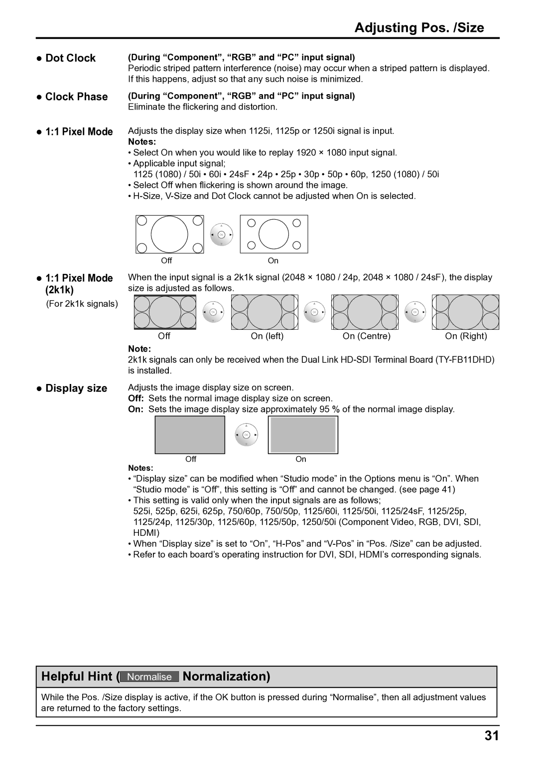 Panasonic TH-50VX100E, TH-65VX100E Adjusting Pos. /Size, Dot Clock Clock Phase Pixel Mode, Pixel Mode 2k1k, Display size 