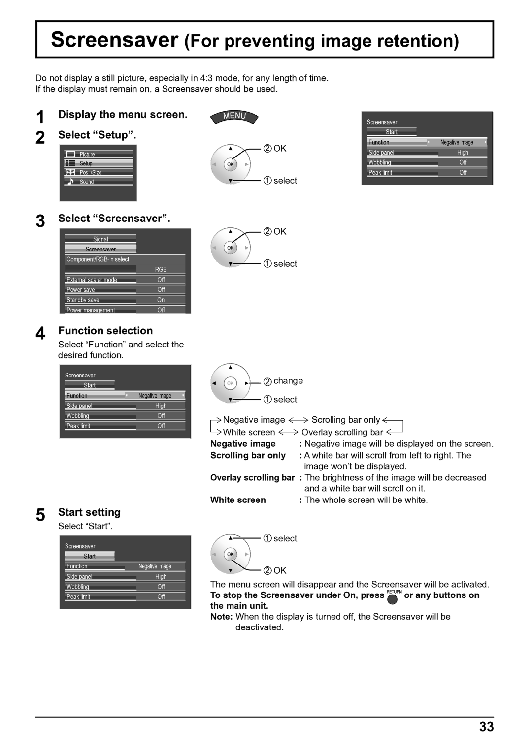 Panasonic TH-50VX100E Screensaver For preventing image retention, Display the menu screen Select Setup, Select Screensaver 