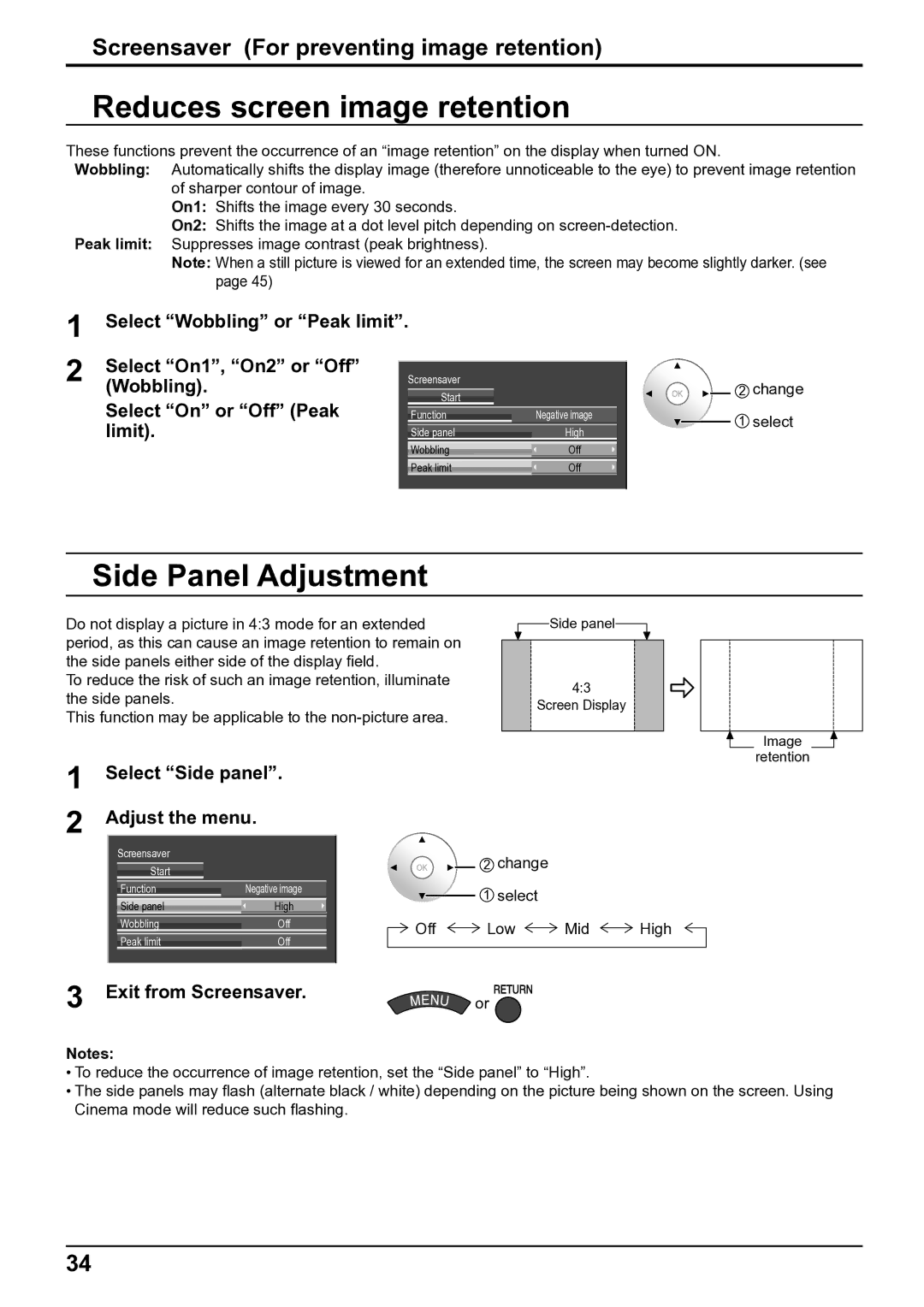 Panasonic TH-65VX100E Reduces screen image retention, Side Panel Adjustment, Screensaver For preventing image retention 