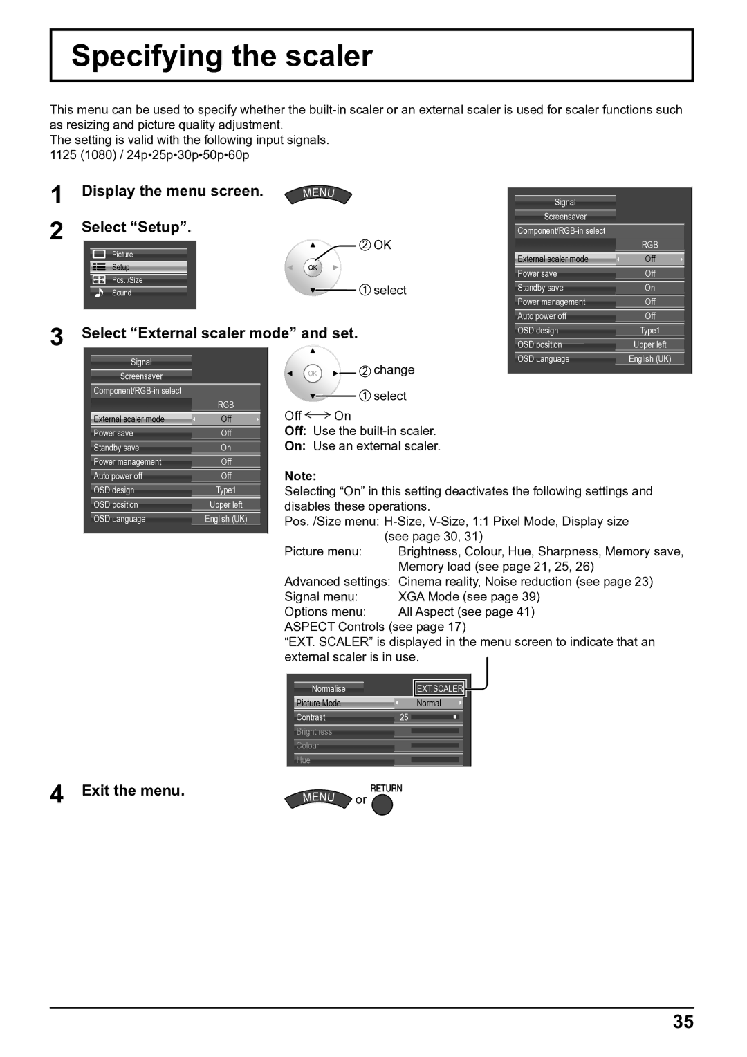 Panasonic TH-50VX100E, TH-65VX100E operating instructions Specifying the scaler, Select External scaler mode and set 