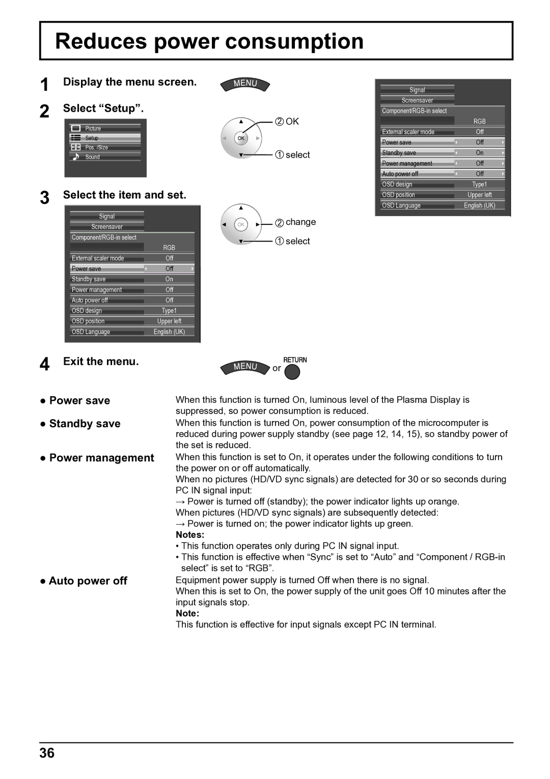 Panasonic TH-65VX100E, TH-50VX100E operating instructions Reduces power consumption, Change 1 select 