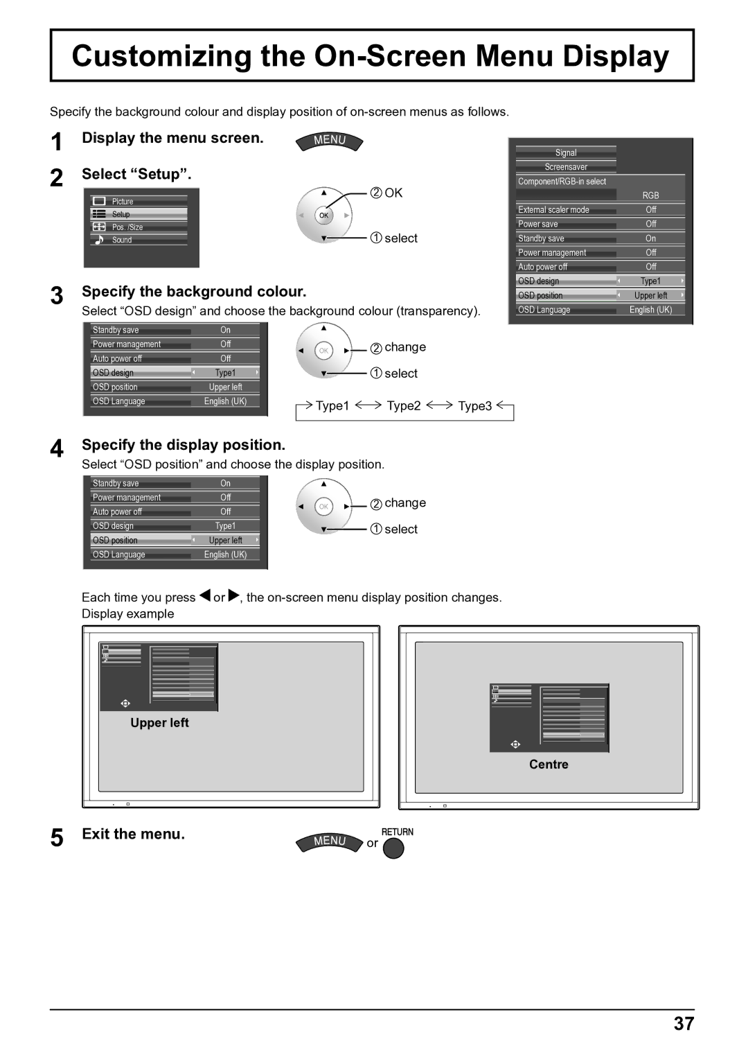 Panasonic TH-50VX100E Customizing the On-Screen Menu Display, Specify the background colour, Upper left, Centre 