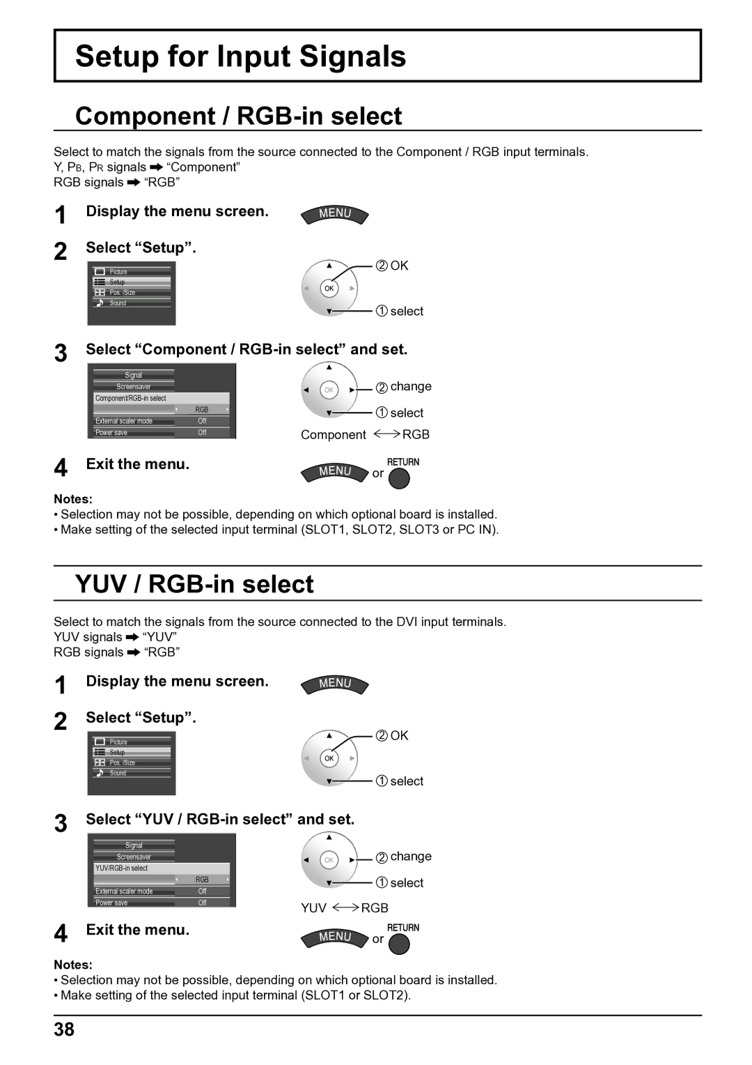 Panasonic TH-65VX100E, TH-50VX100E Setup for Input Signals, Component / RGB-in select, YUV / RGB-in select 