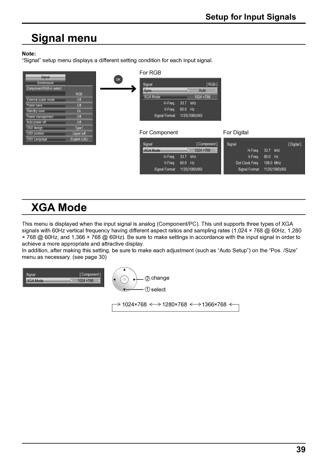 Panasonic TH-50VX100E, TH-65VX100E operating instructions Signal menu, XGA Mode, Setup for Input Signals 