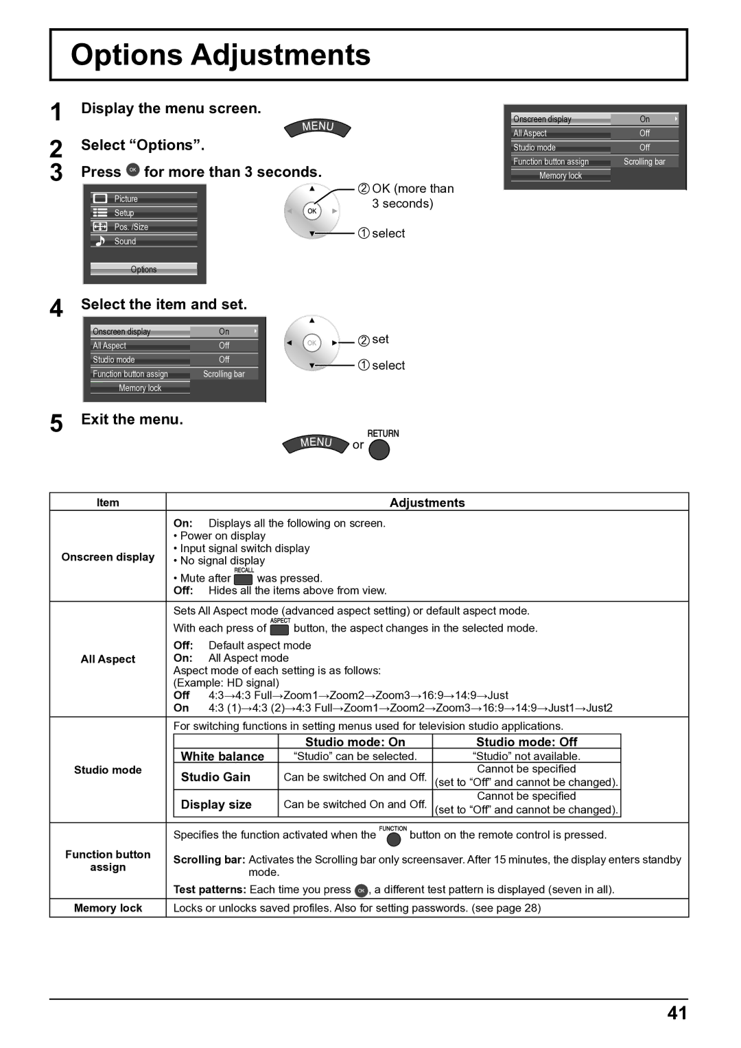 Panasonic TH-50VX100E, TH-65VX100E operating instructions Options Adjustments 