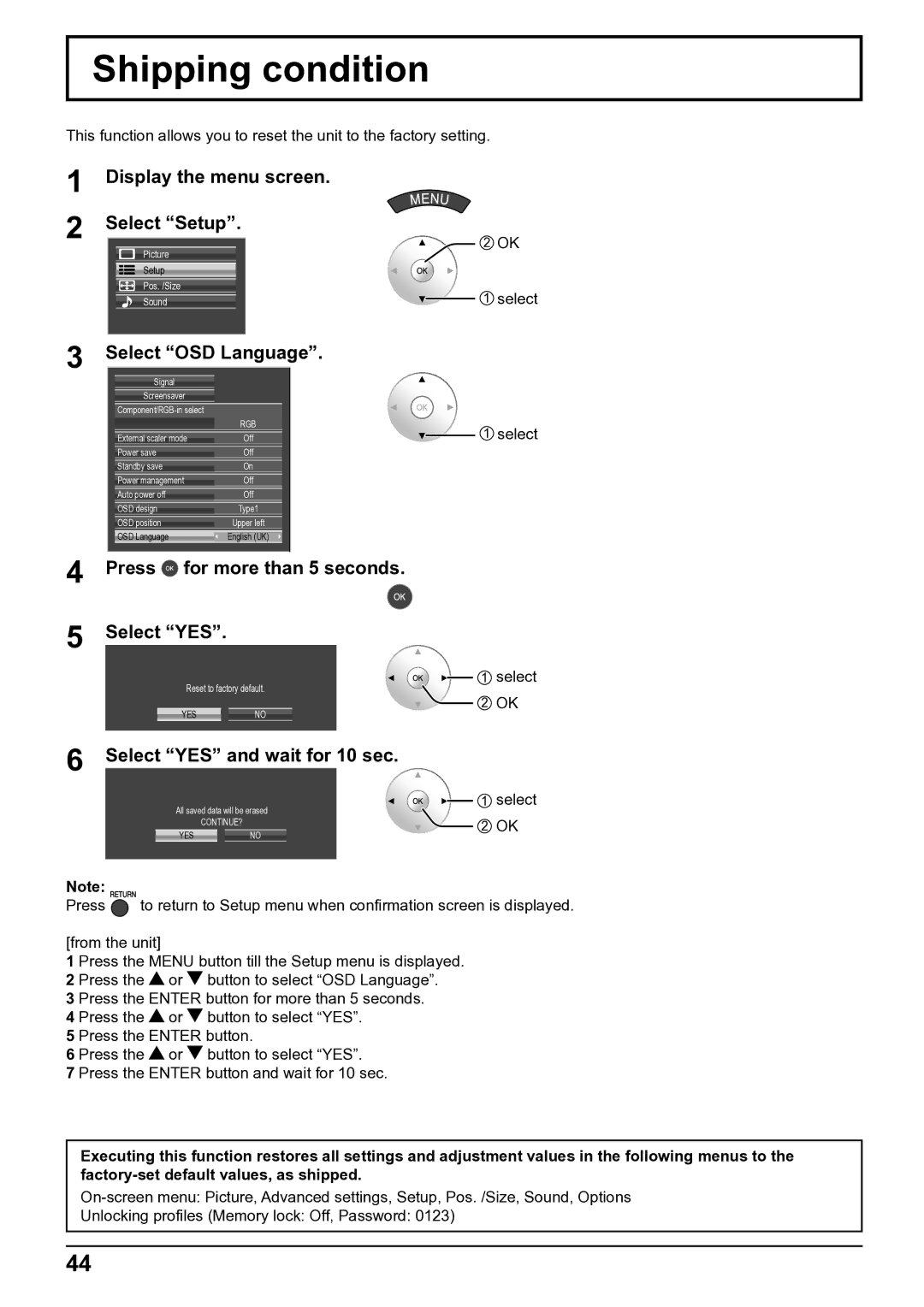 Panasonic TH-65VX100E, TH-50VX100E Shipping condition, Select OSD Language, Press for more than 5 seconds Select YES 