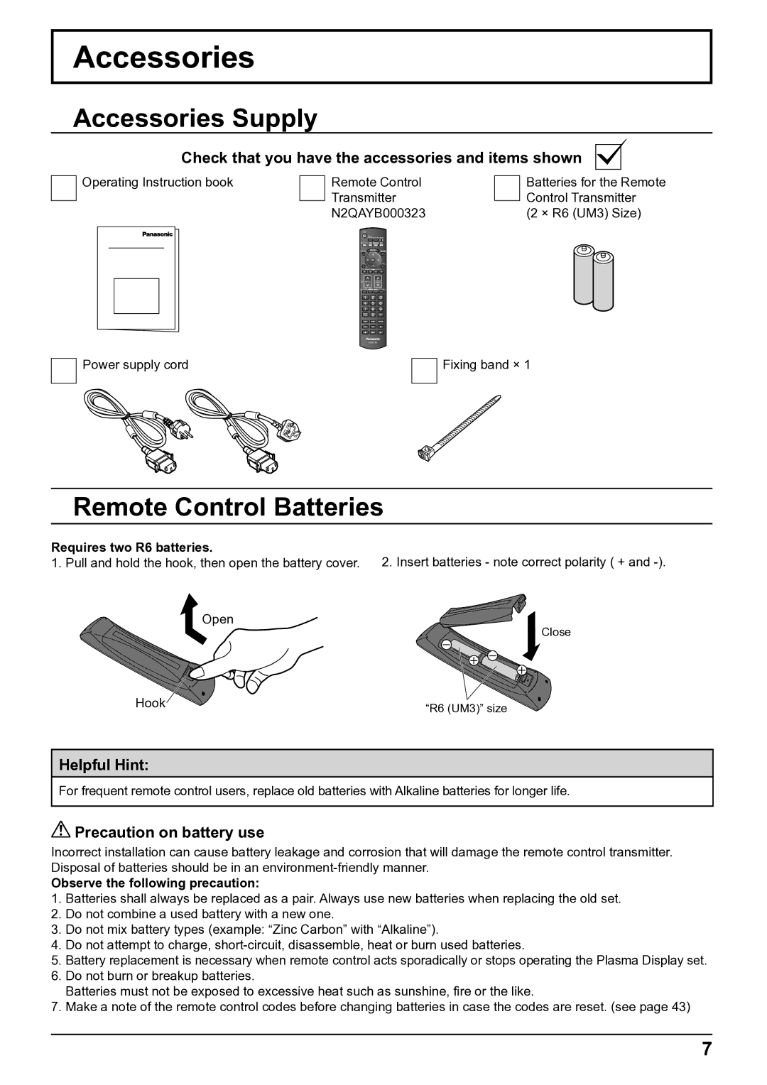 Panasonic TH-50VX100E, TH-65VX100E operating instructions Accessories Supply, Remote Control Batteries 