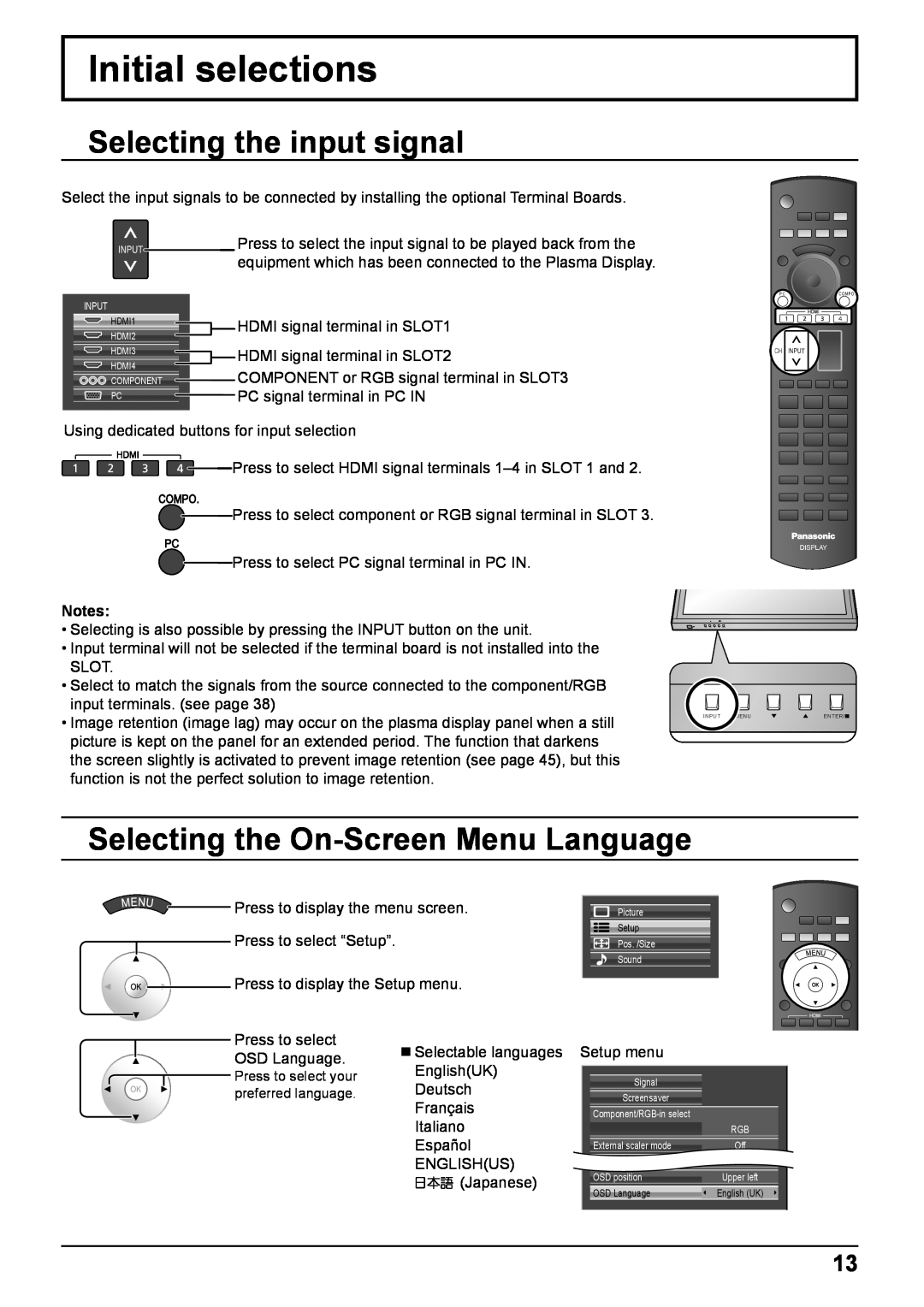 Panasonic TH-50VX100E, TH-65VX100E Initial selections, Selecting the input signal, Selecting the On-Screen Menu Language 