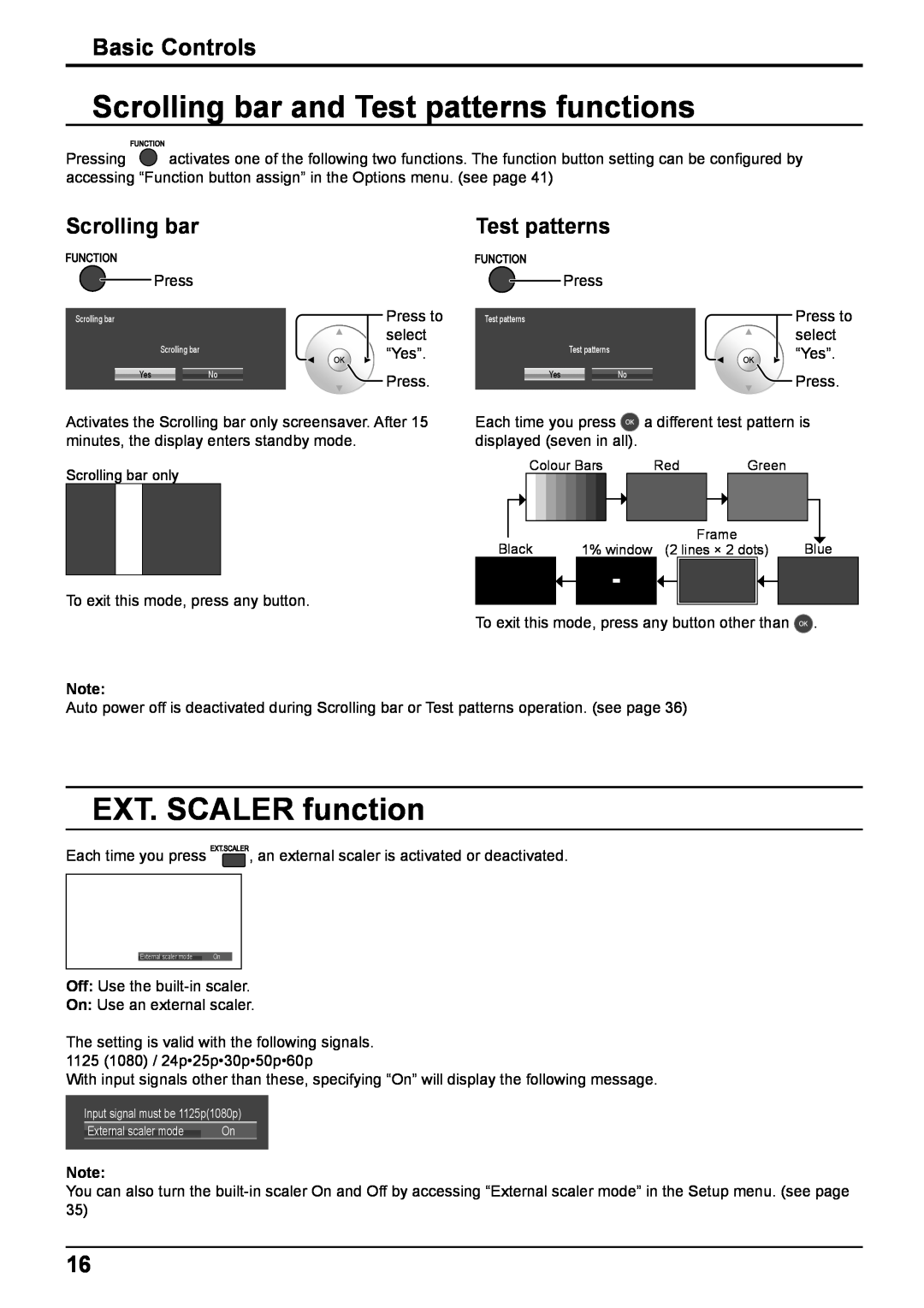 Panasonic TH-65VX100E, TH-50VX100E Scrolling bar and Test patterns functions, EXT. SCALER function, Basic Controls 