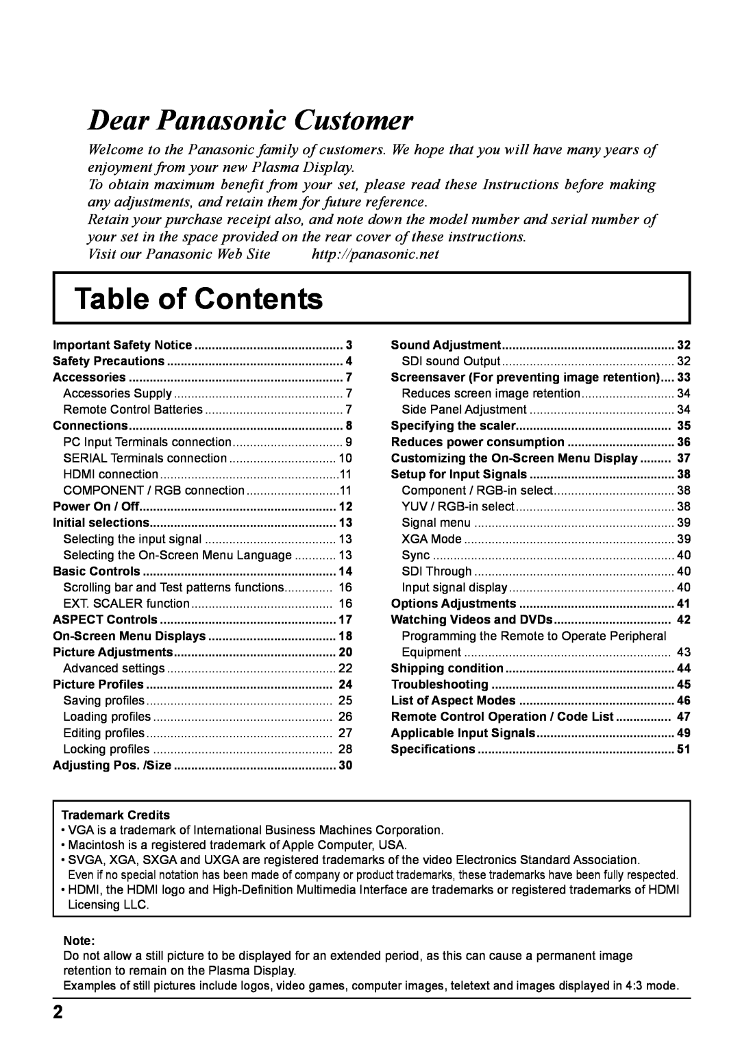 Panasonic TH-65VX100E, TH-50VX100E operating instructions Table of Contents, Dear Panasonic Customer 