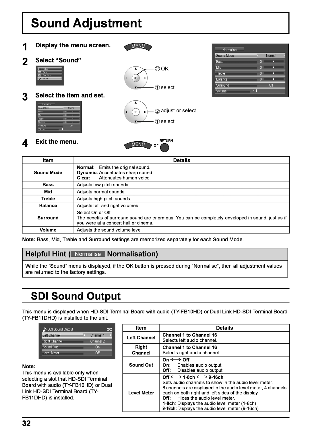 Panasonic TH-65VX100E Sound Adjustment, SDI Sound Output, Normalisation, Display the menu screen. Select “Sound”, Details 