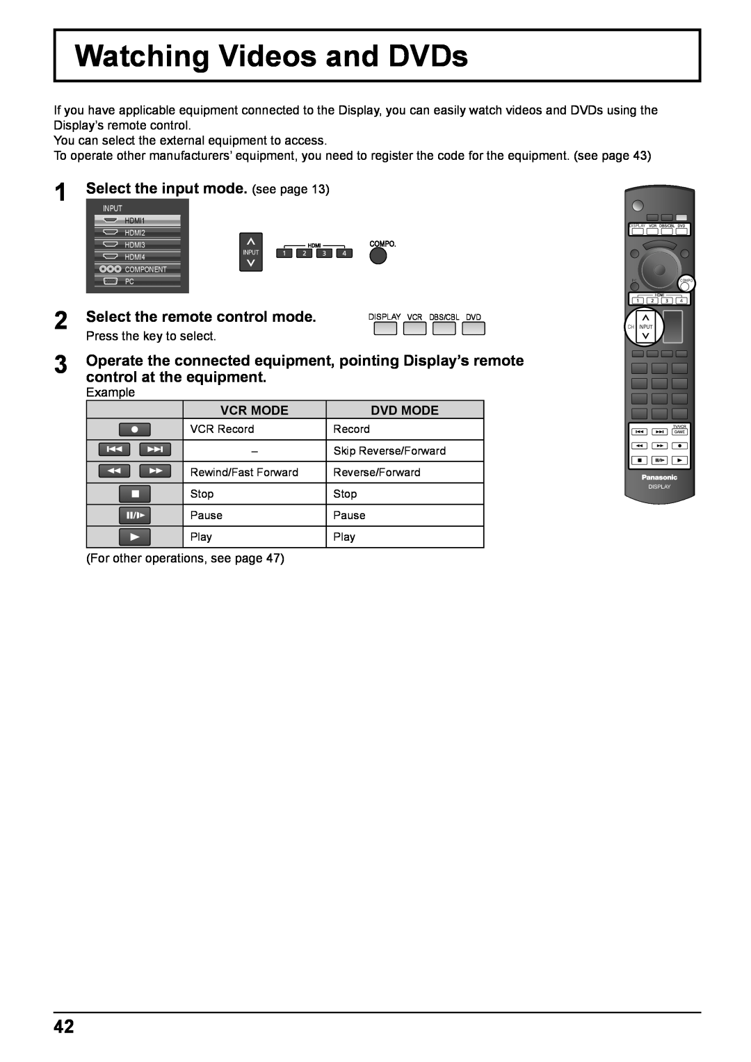 Panasonic TH-65VX100E Watching Videos and DVDs, Select the input mode. see page, Select the remote control mode, Vcr Mode 