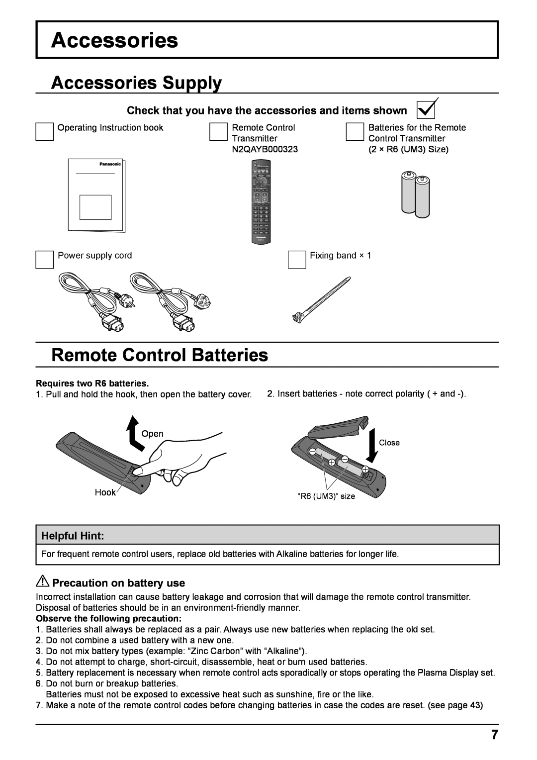 Panasonic TH-50VX100E Accessories Supply, Remote Control Batteries, Helpful Hint, Precaution on battery use 