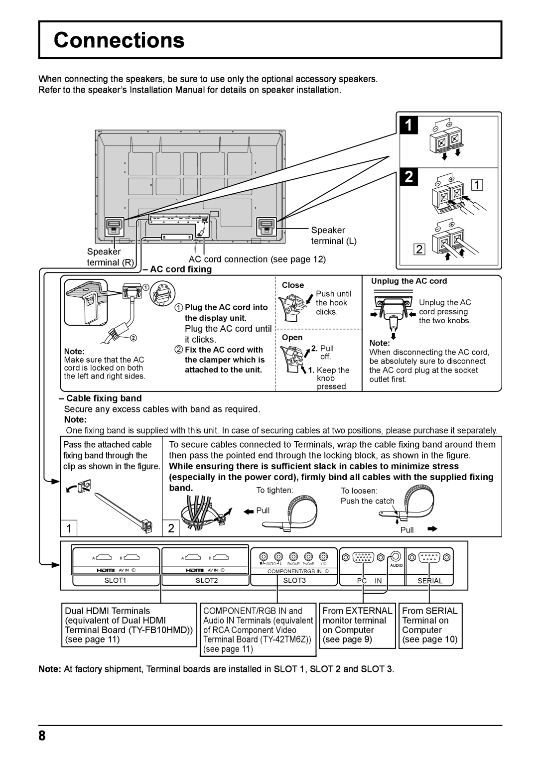 Panasonic TH-65VX100E, TH-50VX100E operating instructions Connections, AC cord fixing, Cable fixing band 